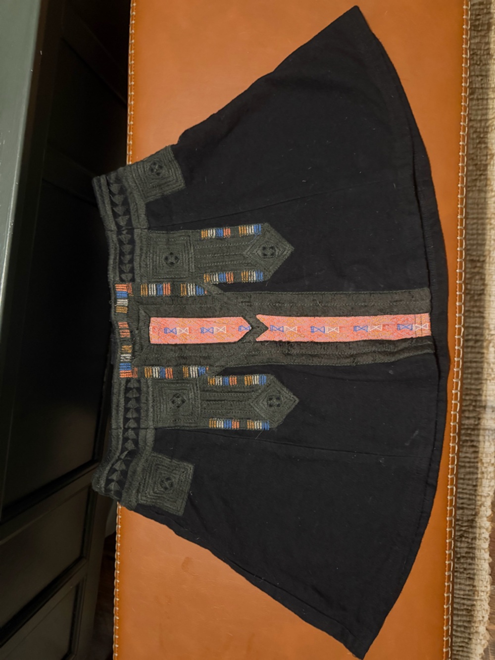 Free People Black Skirt with Coral and Multicolor Embroidered Trim